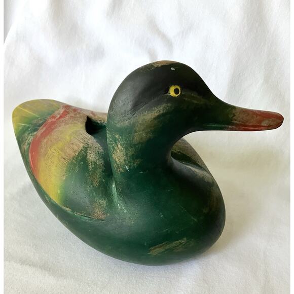 Vintage Wood Duck Decoy Style 11” Solid Carved Rustic Green Statue Figure - Picture 1 of 6